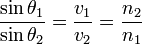 \frac{\sin \theta_1}{\sin \theta_2} = \frac{v_1}{v_2} = \frac{n_2}{n_1}